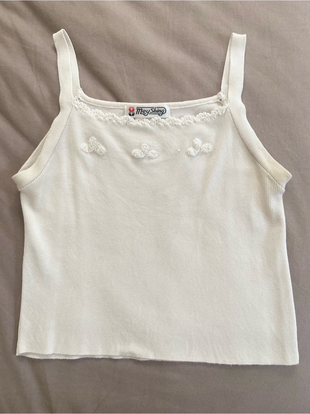 Embroidered Off-White Knit Tank Top